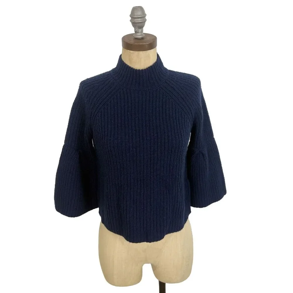 JOIE Cable Mock Neck Crop Sweater XXS Navy Blue Bell Sleeve Wool Cashmere EUC A4